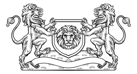 A medieval heraldic coat of arms emblem featuring rampant lion animal supporters flanking a shield charge in a vintage woodblock style. © Christos Georghiou