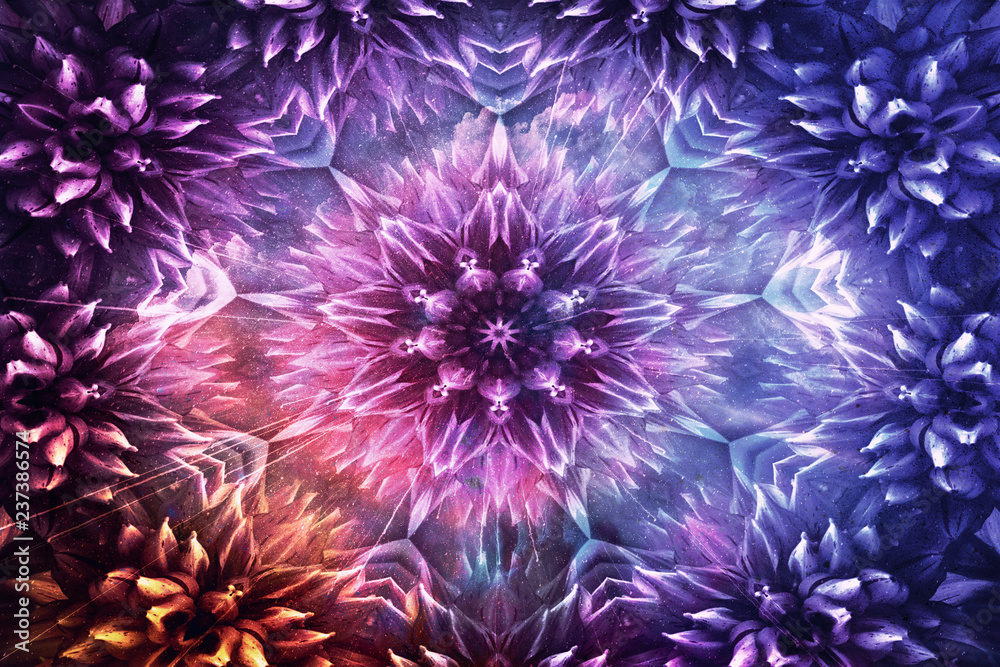 Poster abstract artistic digital artwork flowered shaped on a smooth colorful background