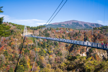 Kuju, oita, Japan, November 11, 2018: Kokonoe Yume Suspension Bridge (otsurihashi), the most highest suspension bridge for walkway in Japan.