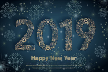 Vector 2018 Happy New Year holiday banner with sparkling glitter golden textured snowflake and figures. Seasonal holidays background. New Year greeting card