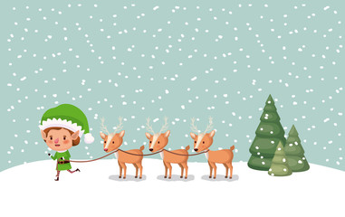 cute santa helper with reindeer in snowscape