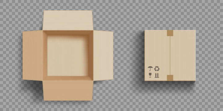 Empty open and closed cardboard box. Isolated on a transparent background