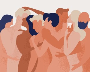 Crowd of naked men and women hugging and kissing. Concept of polygamy, polyamory, open intimate romantic and sexual relationship, free love. Colorful vector illustration in flat cartoon style.