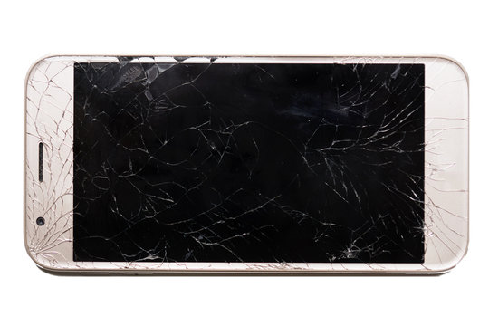 phone with broken screen isolated on white background