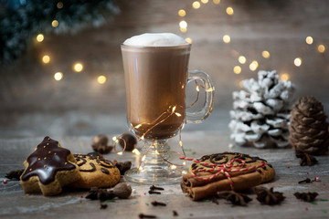 cocoa with cinnamon and gingerbread. the concept of Christmas
