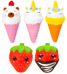 Ice cream cones in the shape of a bear, a unicorn with strawberries and chocolate