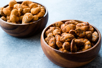 Almond Nuts with Barbeque Sauce and Spicy Cashew with Taco Spice in Wooden Bowl.