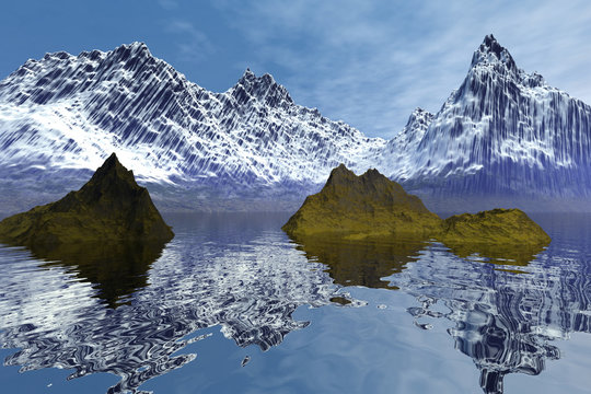Reflection on water, a natural landscape, two small islands in the sea, snow on the mountain peaks,  and a blue sky.