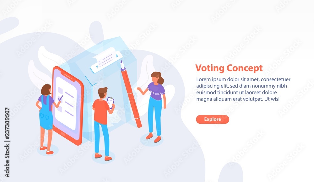 Aufkleber Web page, website or banner template with people standing beside giant ballot box at polling station and voting or taking part in election process. Modern colorful isometric vector illustration.