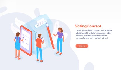 Web page, website or banner template with people standing beside giant ballot box at polling station and voting or taking part in election process. Modern colorful isometric vector illustration.