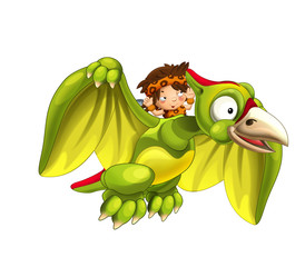 Cartoon dinosaur pterodactyl and caveman flying on his back - on white background - illustration for children © honeyflavour