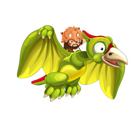Obraz premium Cartoon dinosaur pterodactyl and caveman flying on his back - on white background - illustration for children