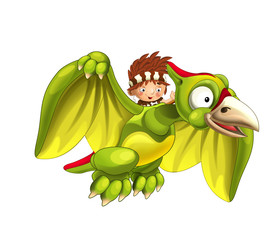 Cartoon dinosaur pterodactyl and caveman flying on his back - on white background - illustration for children © honeyflavour