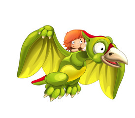 Cartoon dinosaur pterodactyl and caveman flying on his back - on white background - illustration for children © honeyflavour