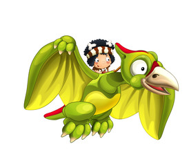 Cartoon dinosaur pterodactyl and caveman flying on his back - on white background - illustration for children © honeyflavour
