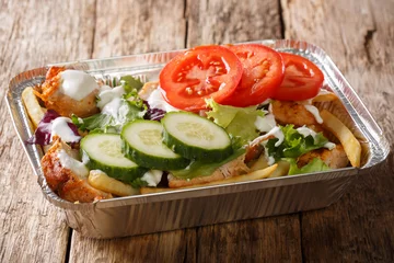 Foto auf Acrylglas Produktauswahl Holländischer Kapsalon zum Mitnehmen aus Pommes frites, Hühnchen, frischem Salat, Käse und Sauce in einem Nahaufnahme-Folientablett. horizontal