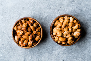 Almond Nuts with Barbeque Sauce and Spicy Cashew with Taco Spice in Wooden Bowl.