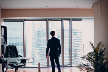 A  man in a skyscraper office is standing by a panoramic window.