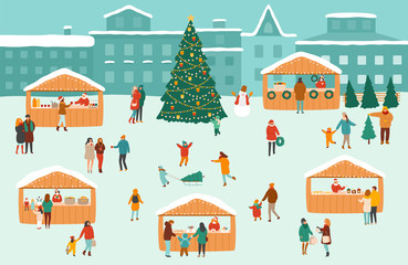 Vector illustration of a Christmas market or holiday outdoor fair on town square
