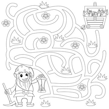 Help gnome find path to treasure chest . Labyrinth. Maze game for kids. Black and white vector illustration for coloring book