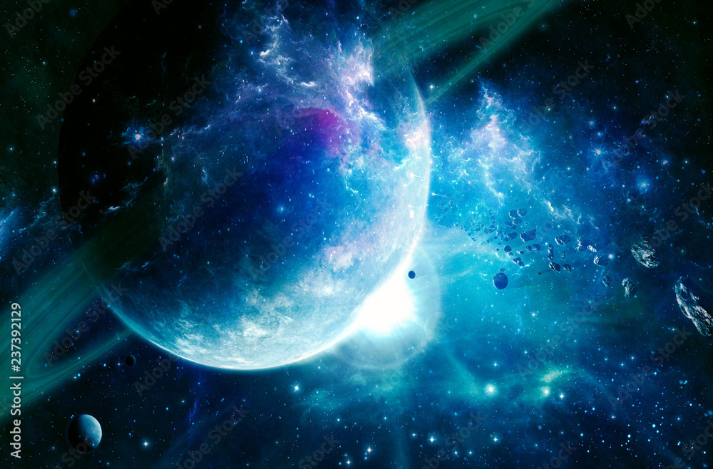 Sticker artistic abstract cyan saturn's kind of planet in a smooth galaxy background