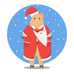 The pig is dressed in Santa Claus. New Year holidays.