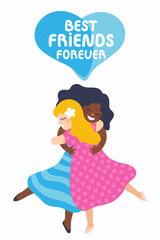 Two best friends girls huging. Vector illustration about friendship