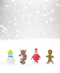 christmas and new year snow concept Xmas or christmas party. reindeer,cookie,snowman and santa  in winter ,3D rendering