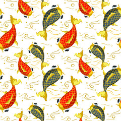 Carps seamless pattern with koi fishes top view background. Nice wrapping paper or textile repeatable print