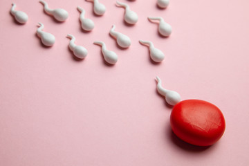 Active sperm cells swim to the egg on a pink background. The concept of pregnancy, fertilization of the egg. Copy space for text