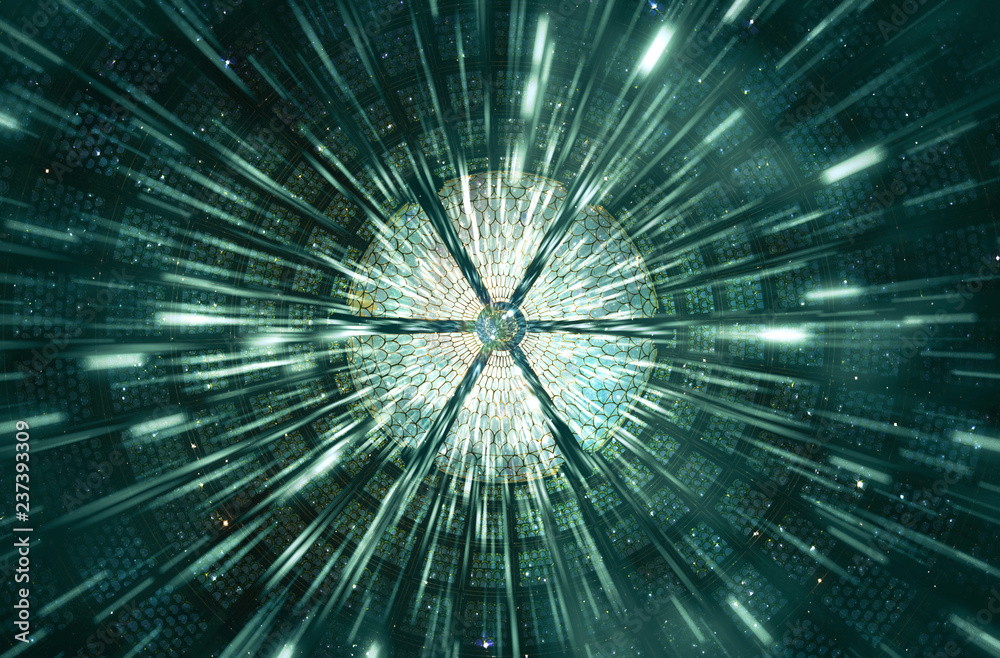 Poster abstract modern digital round sliced shape artwork in a speeding beams of light background