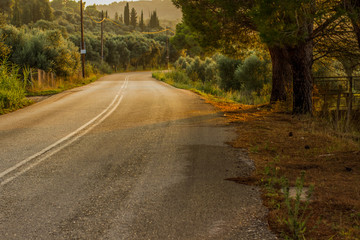 asphalt car road in country side village park outdoor environment space in evening time with sunset soft yellow and orange lights