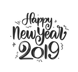 Hand drawn textured brush lettering of Happy New Year 2019 on white background.