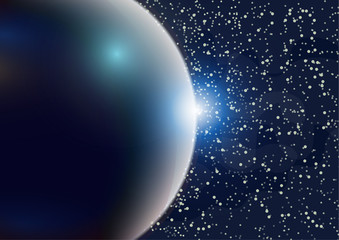 Fototapeta premium Abstract universe with planets and bright stars. Effects of halo light on a dark background, flashes of light. Vector space illustration.