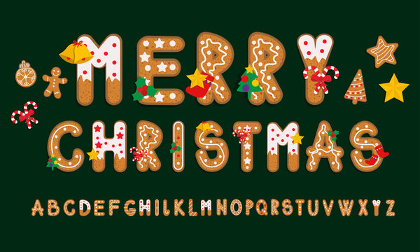 ginger cookies alphabet, merry christmas and happy new year, vector illustration