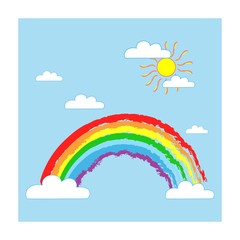 Rainbow sun clouds sign. Illustration colorful spectrum arc. Cute colorful symbol spring, summer, rain. Color bow mark clean nature. Template for t , card, poster. Design element. Vector illustration