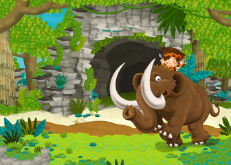 cartoon happy scene with caveman on mammoth in the jungle traveling - illustration for children