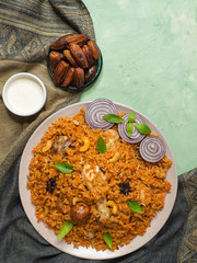 Delicious spicy chicken Biryani, it’s a popular Indian and Pakistani food.
