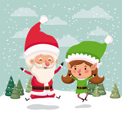 cute santa claus and girl helper in the snowscape