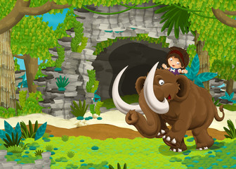 cartoon happy scene with caveman woman on mammoth in the jungle traveling - illustration for children