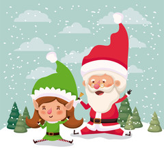 cute santa claus and girl helper in the snowscape