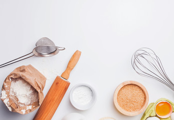 Baking ingredients and items on the white background