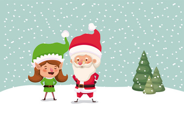 cute santa claus and girl helper in the snowscape