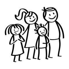 Happy family, stick figures, smiling parents with happy children, daughter and son, standing and waiting isolated on white background