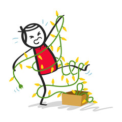 Clumsy stick man in red shirt tangled up in Christmas lights isolated on white background