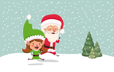 cute santa claus and girl helper in the snowscape