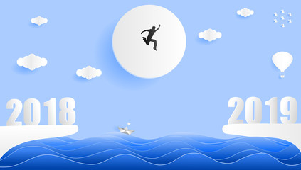 Paper art style vector illustration graphic design silhouette of young man jumping from year 2018 to year 2019 the sea.