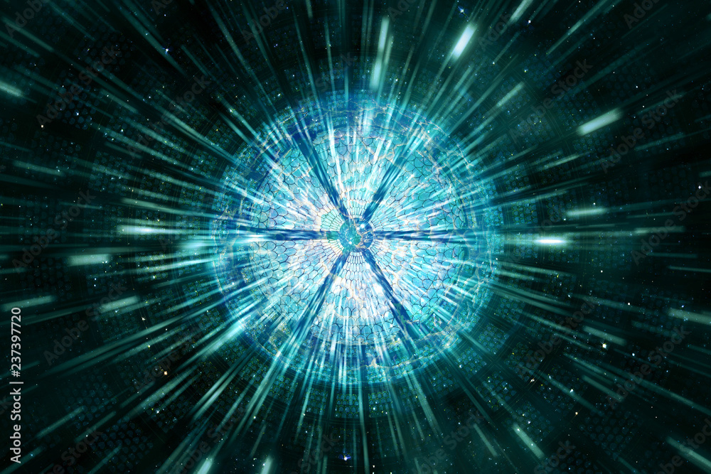 Poster abstract modern digital round sliced shape about to explode artwork in a speeding beams of light bac