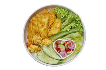 Homemade Charcoal boiled ,chicken and prawn satay served with side disk.