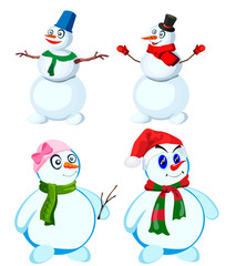 Set of four snowmen in various headdresses and in different scarves